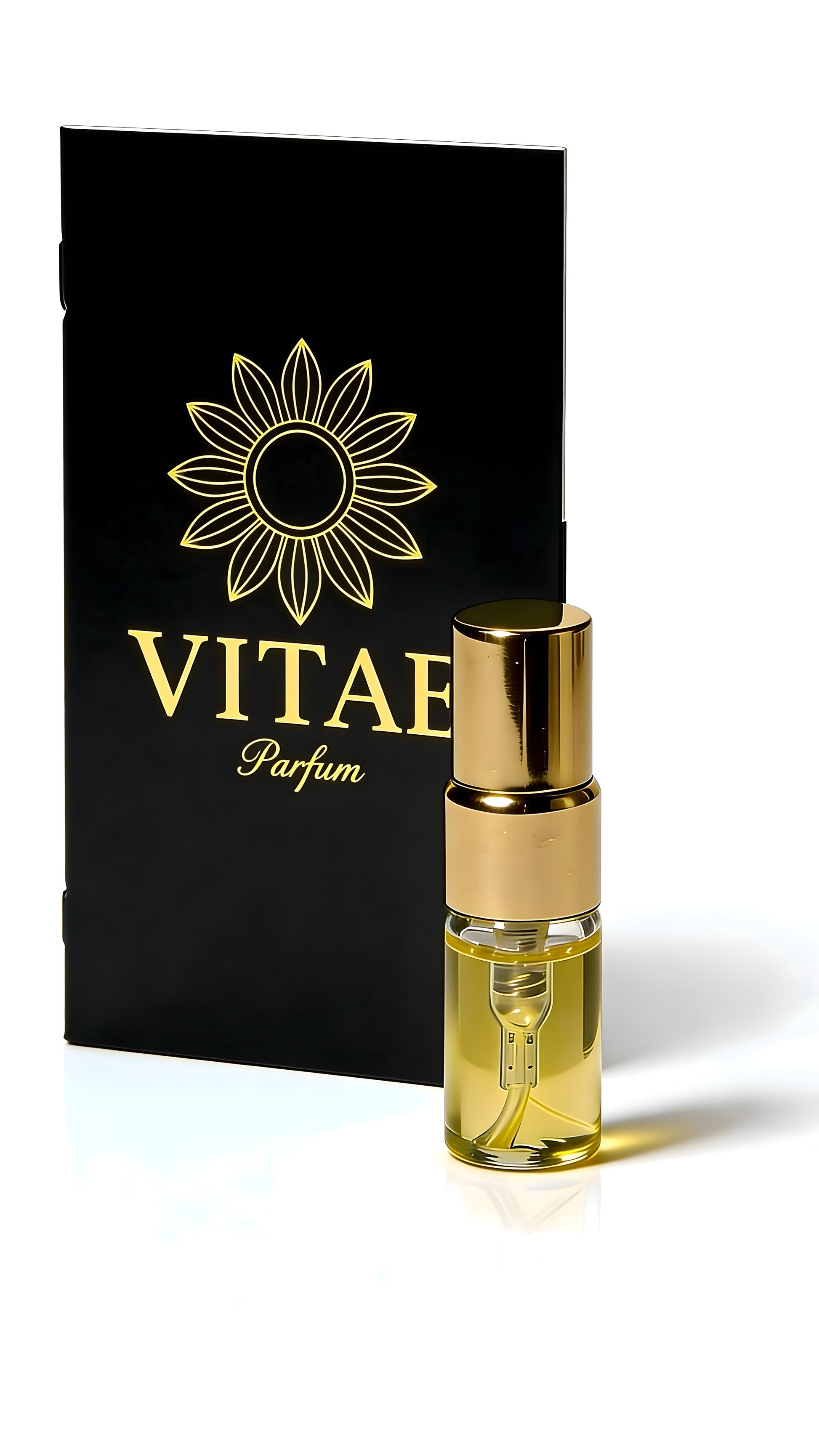 Vitae Black Parfum with gold emblem and sample vial