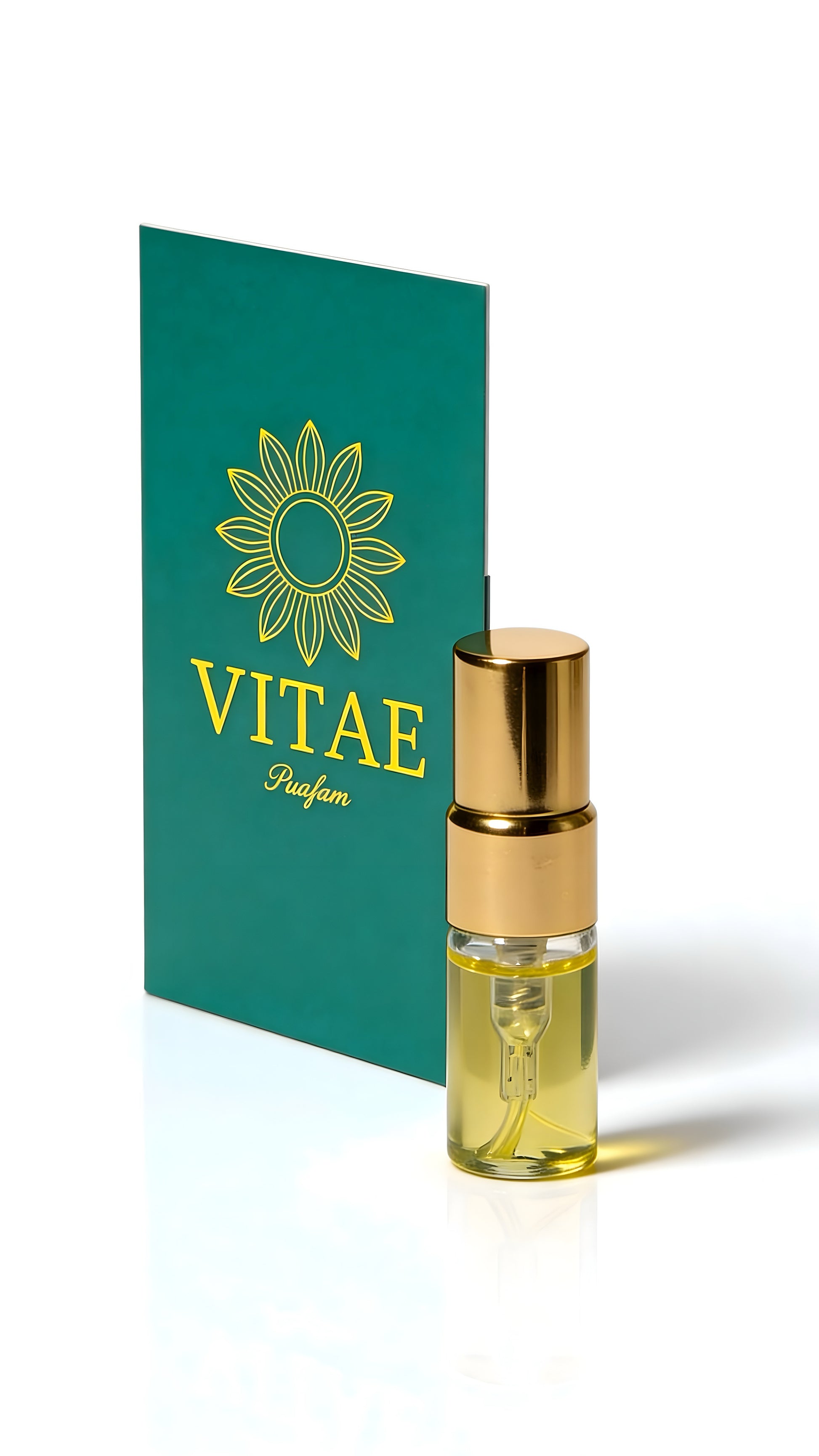 Vitae Teal Parfum with gold emblem and sample vial