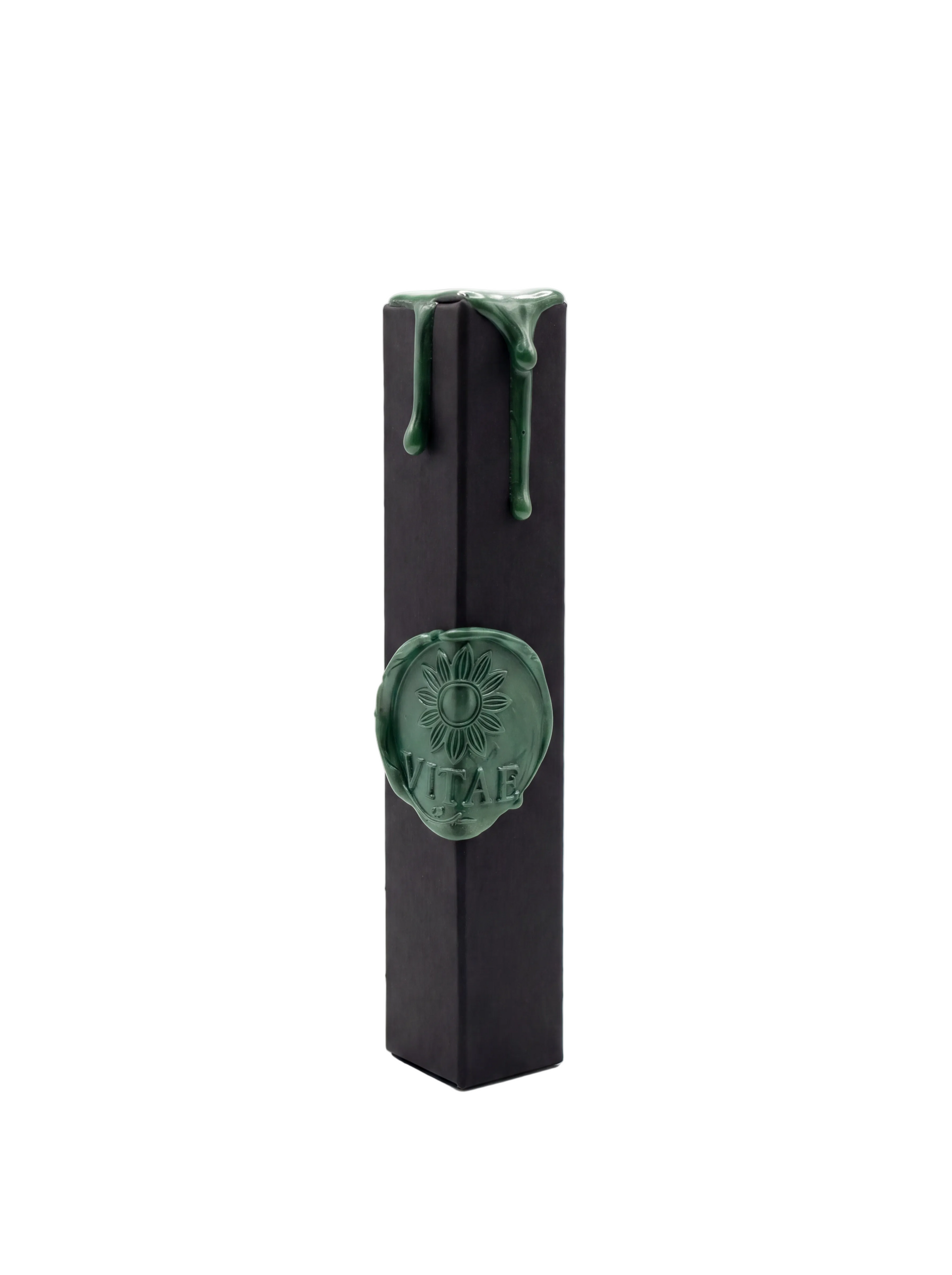 A black rectangular box with green wax dripping from the top and a green circular wax seal featuring the brand name 'VITAE' in the center, set against a plain white background.