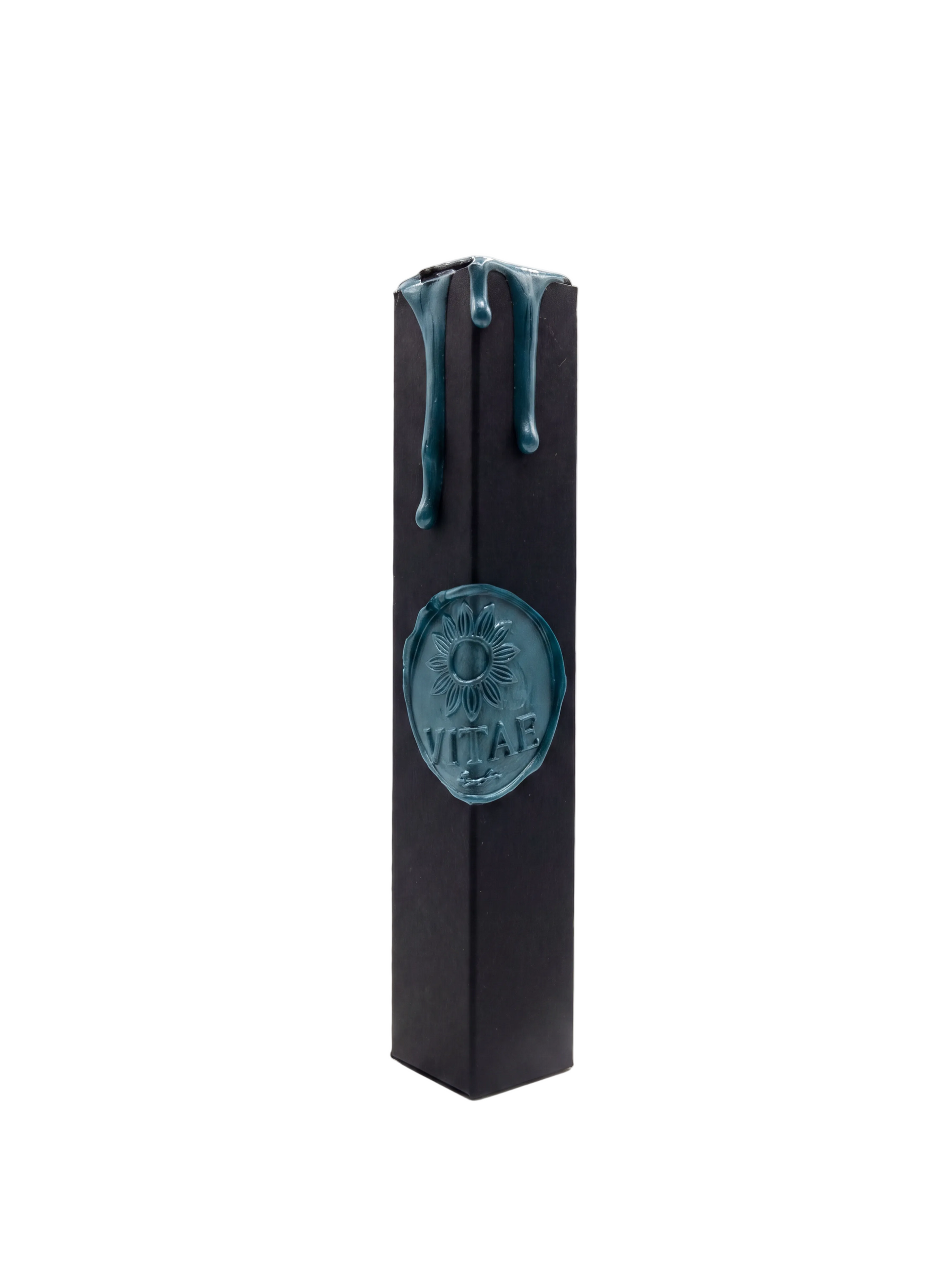 A tall, black rectangular box with a glossy blue wax seal and dripping blue wax details on a clean white background.