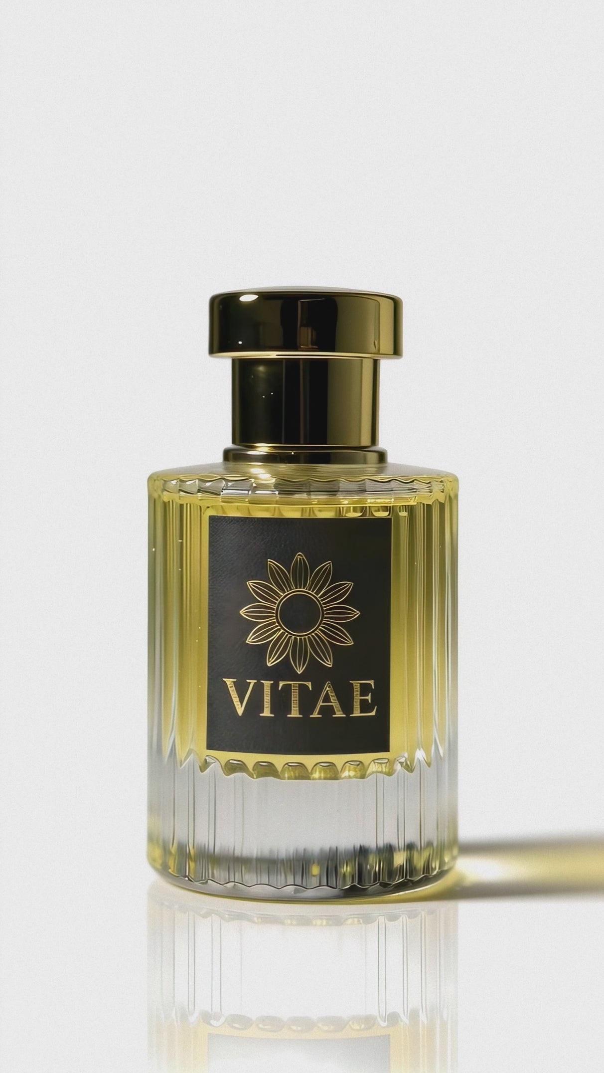 Vitae Black Parfum extrait de parfum bottle with gold cap and signature emblem rotating on white background